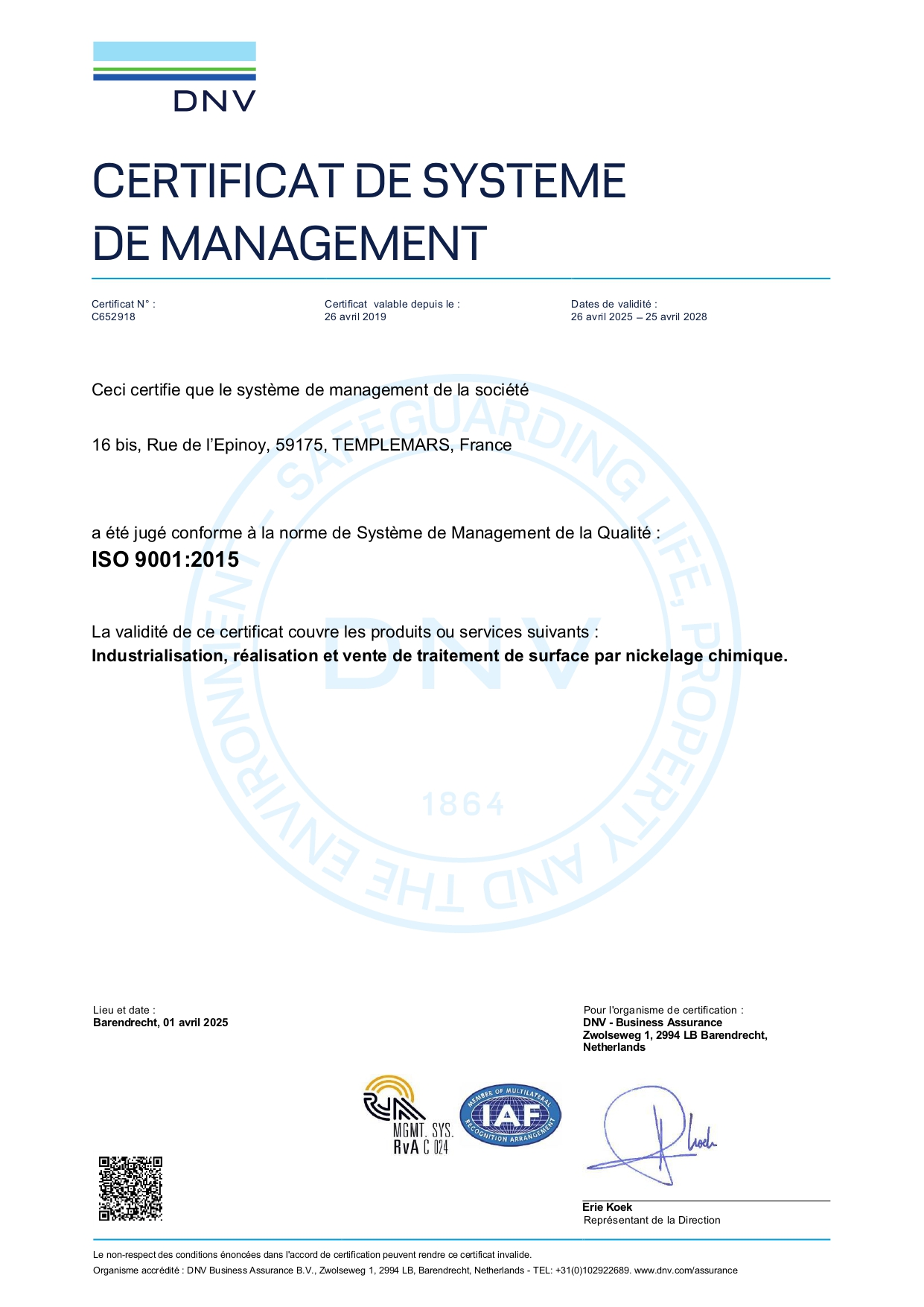 Qualité Certifiée : Notre Engagement ISO 9001 pour un Service Exceptionnel Logo de la Certification ISO 9001, symbole de notre engagement envers la qualité et l'amélioration continue dans tous nos processus. Cette certification atteste de notre engagement à maintenir des normes élevées de gestion de la qualité, renforçant ainsi la confiance de nos clients dans nos services de traitement de surface.