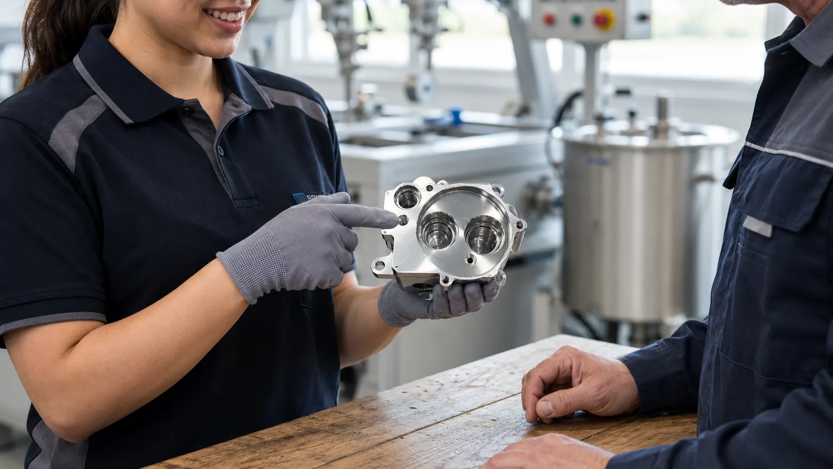 Contrôle d'une pièce en aluminium usiné avant traitement de nickelage chimique haut phosphore pour renforcer sa résistance à la corrosion.